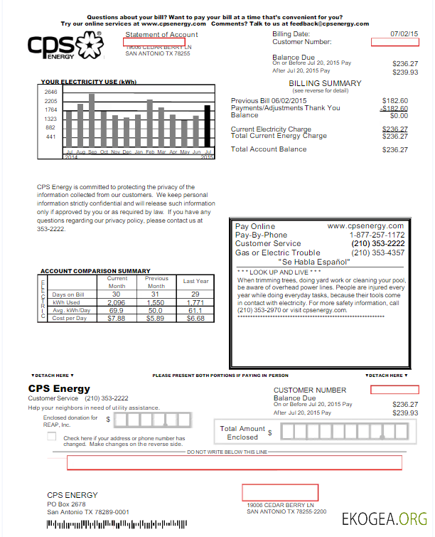 USA CPS ENERGY utility bill Word and PDF template